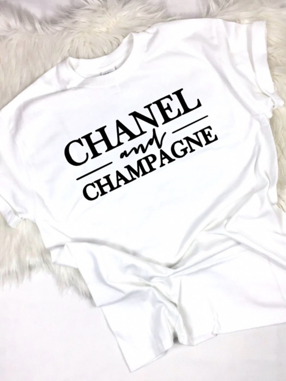 Hand Crafted White Tee with Black 'Chanel and Champagne' Print